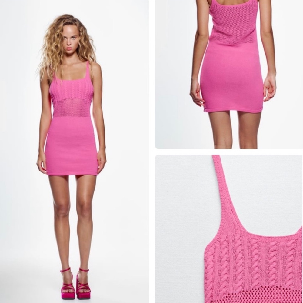 Zara Hot Pink Knit Crochet Mini Tank Dress